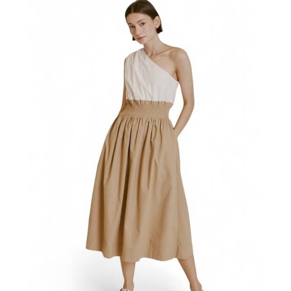 Aureum Lina 1 Shoulder Linen Blend Midi Dress Ivory Tan M NEW Boho QuietLuxury